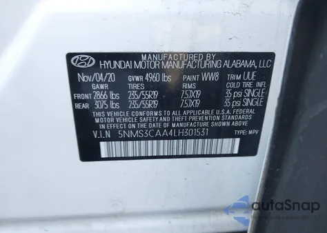 2020 Hyundai Santa Fe Sel 2.0T z USA, uszkodzony, nr VIN 5NMS3CAA4LH301531